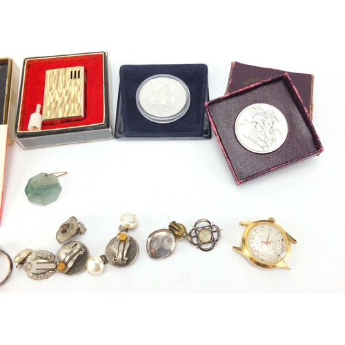 457 - Objects including Zippo lighter, Festival of Britain 1951 Crown, Geneve automatic wristwatch and a s... 