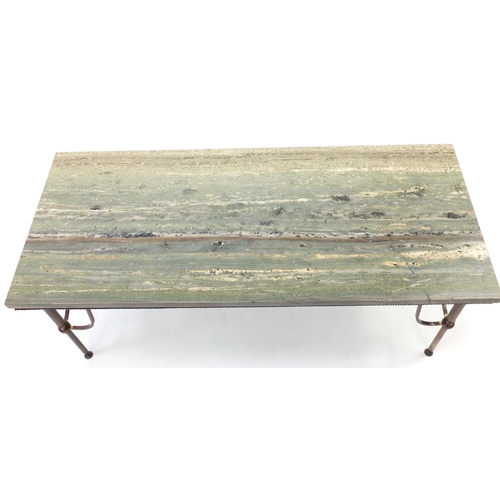 78 - Rectangular brass coffee table with green marble top, 42cm H x 107cm W x 46cm D