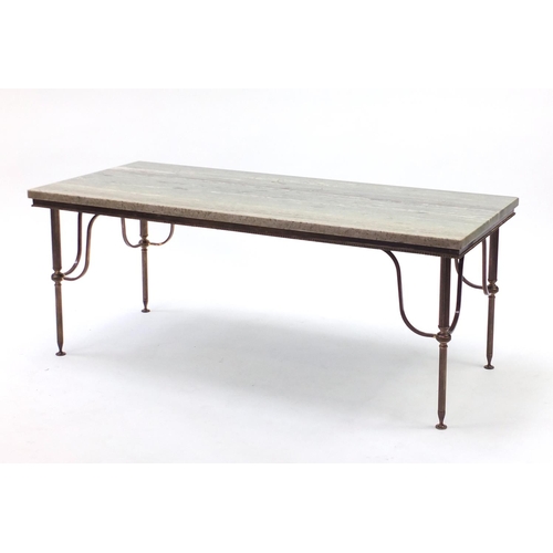 78 - Rectangular brass coffee table with green marble top, 42cm H x 107cm W x 46cm D