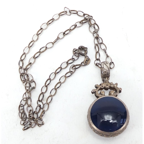 321 - Silver double sided hardstone fob on a silver necklace, approximate weight 13.6g