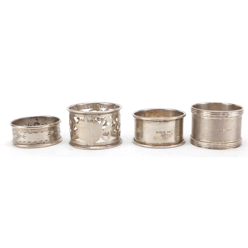 377 - Four circular silver napkin rings, various hallmarks, approximate weight 69.0g