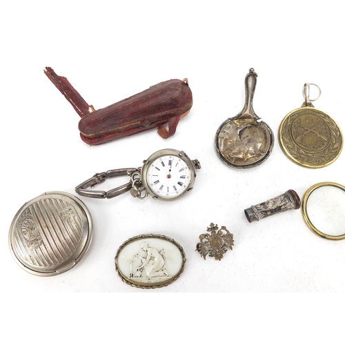 421 - Objects including vintage spectacles, ladies fob watch and a hardstone spinner fob