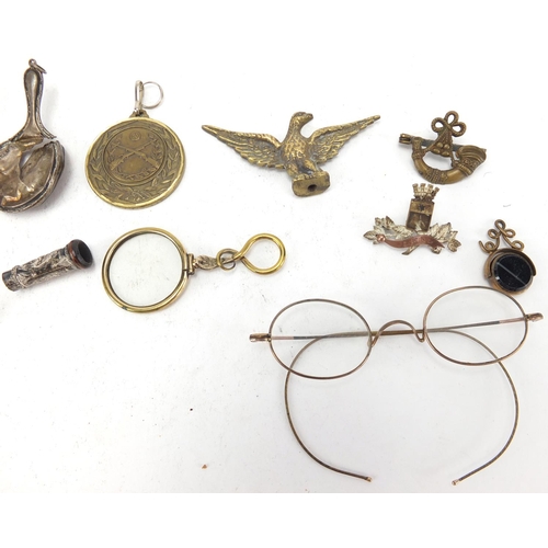 421 - Objects including vintage spectacles, ladies fob watch and a hardstone spinner fob