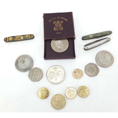 630 - British coins, five pounds, one pound, fifty pence's, 1951 crown and three vintage folding pocket kn... 