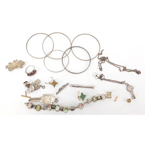 316 - Silver and white metal jewellery including key pendant, bracelets and propelling toothpick