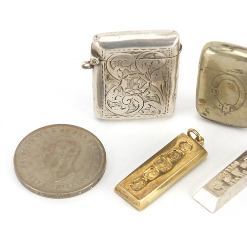 468 - Miscellaneous objects including silver vesta, two ingots and 1886 half crown