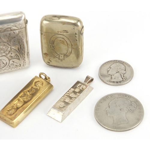 468 - Miscellaneous objects including silver vesta, two ingots and 1886 half crown