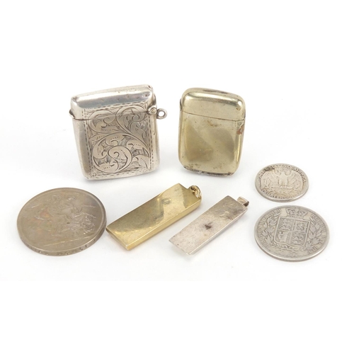 468 - Miscellaneous objects including silver vesta, two ingots and 1886 half crown