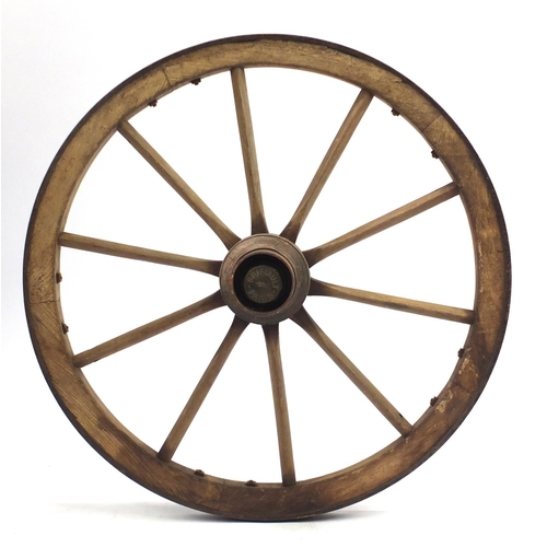 18 - Vintage wooden cartwheel, with Griffault Paris 5751 plaque, 84cm in diameter