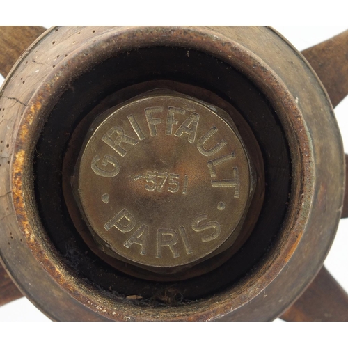 18 - Vintage wooden cartwheel, with Griffault Paris 5751 plaque, 84cm in diameter