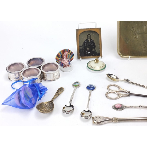 454 - Objects including silver handled glove stretchers, Mother of Pearl opera glasses, hand painted porce... 