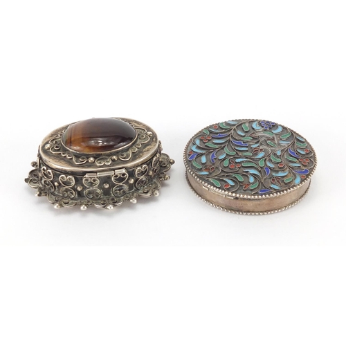 375 - Mexican silver box, the hinged lid set with a cabochon tigers eye and a circular silver compact, the... 