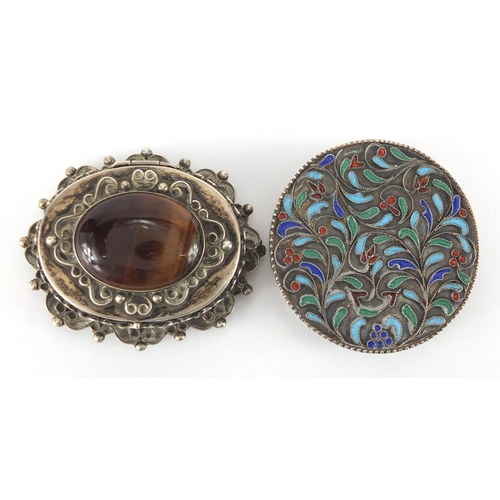 375 - Mexican silver box, the hinged lid set with a cabochon tigers eye and a circular silver compact, the... 