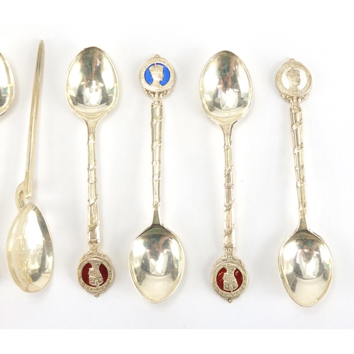 382 - Silver teaspoons including  commemorative examples, various hallmarks, approximate weight 82.6g