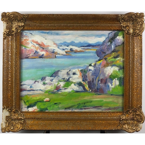 15 - Iona landscape, Scottish colourist school oil on board, bearing an indistinct signature and inscript... 