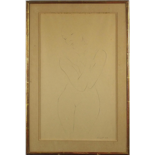 151 - Portrait of a nude female, pencil sketch onto paper, bearing an indistinct signature and dated 48, m... 