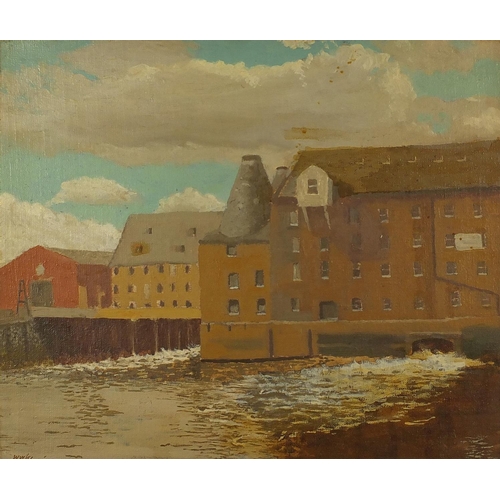 152 - F.B. Williams 61 - Dockside with buildings, Oil onto board, mounted and framed, paper labels verso, ... 