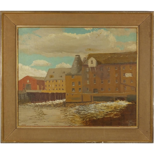 152 - F.B. Williams 61 - Dockside with buildings, Oil onto board, mounted and framed, paper labels verso, ... 