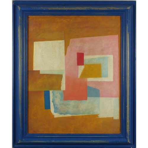 153 - Abstract composition, geometric shapes, oil onto board, bearing an inscription verso, framed, 49cm x... 