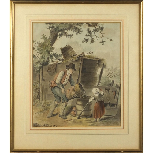 156 - Father and daughter storing produce, 18th century watercolour, mounted and framed, 35cm x 29.5cm