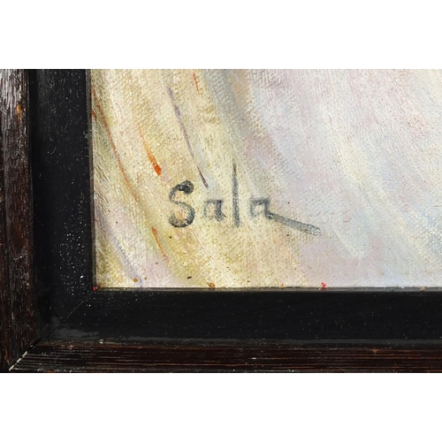 33 - Seated female in an interior, Italian school oil on board, bearing a signature Sala, framed, 45cm x ... 