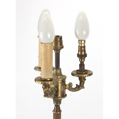 52 - Brass torchiere lamp with claw and ball feet, 145cm high