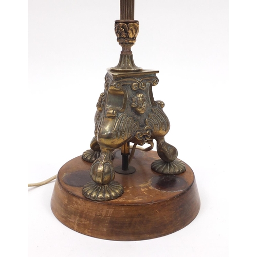 52 - Brass torchiere lamp with claw and ball feet, 145cm high