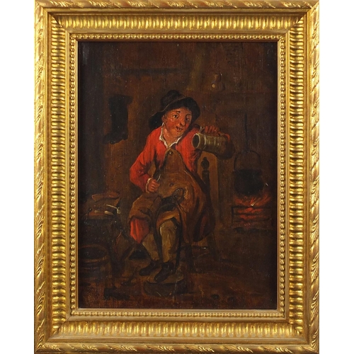 63 - Figure in a tavern, 19th century oil on wood panel, framed, 33cm x 25cm