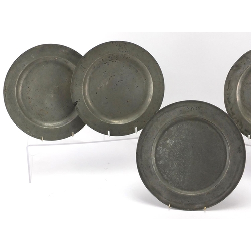 188 - Five antique pewter plates, two engraved with AVR NWC monograms, various marks to the reverse, 25cm ... 