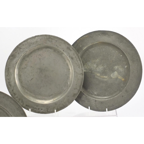 188 - Five antique pewter plates, two engraved with AVR NWC monograms, various marks to the reverse, 25cm ... 