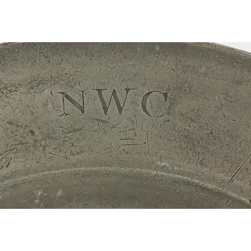 188 - Five antique pewter plates, two engraved with AVR NWC monograms, various marks to the reverse, 25cm ... 