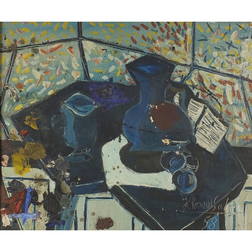 195 - Abstract composition, still life items on a table, oil on canvas, bearing a signature K Renaud Sales... 