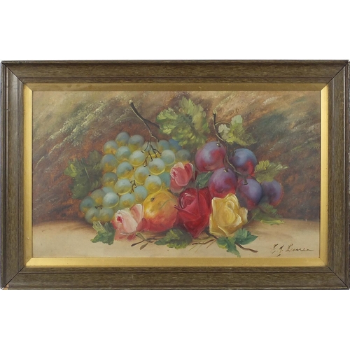 196 - Still life flowers and fruit, late 19th century French school oil on board, bearing a signature E Lu... 