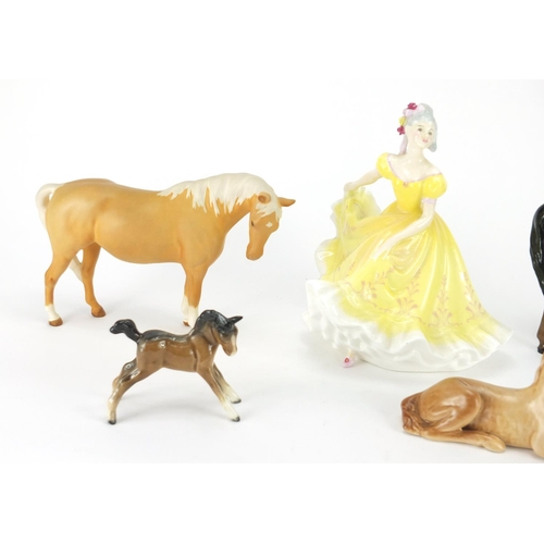 201 - Collectable china, three Beswick horses, Royal Doulton figurine Ninette HN2379 and a Sylvac foal, th... 