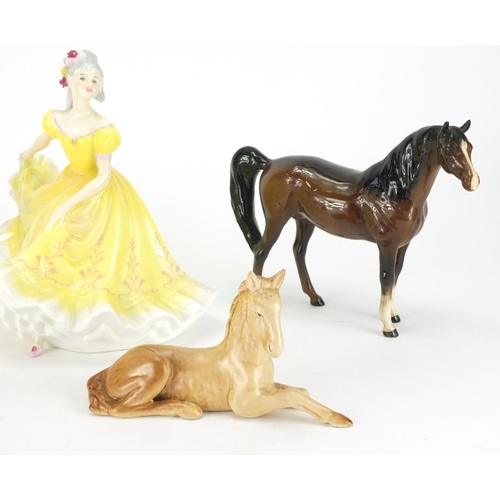 201 - Collectable china, three Beswick horses, Royal Doulton figurine Ninette HN2379 and a Sylvac foal, th... 