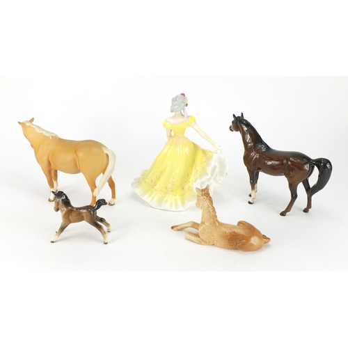 201 - Collectable china, three Beswick horses, Royal Doulton figurine Ninette HN2379 and a Sylvac foal, th... 