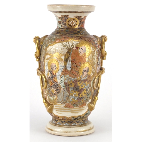 202 - Japanese Satsuma pottery vase with relief twin handles, hand painted with figures, 21cm high