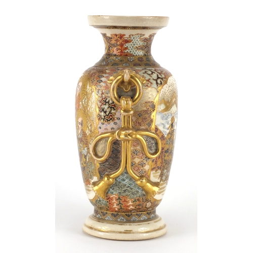 202 - Japanese Satsuma pottery vase with relief twin handles, hand painted with figures, 21cm high