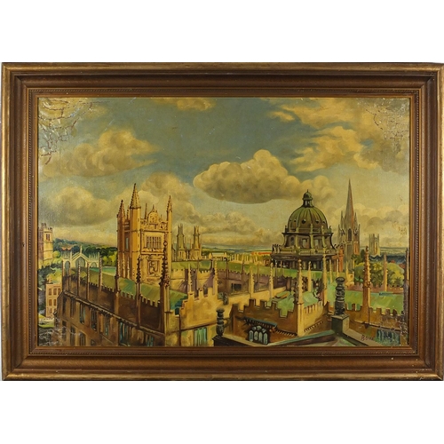 235 - Oxford cityscape, Modern British oil onto board, bearing a signature Bone and inscription verso, fra... 