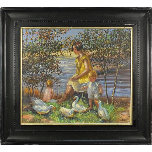 238 - Mother with her children by water with ducklings, Modern British oil on board, bearing a monogram DS... 