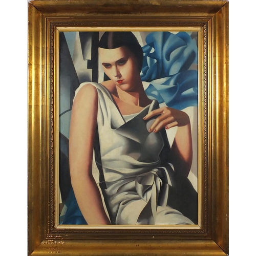 86 - Manner of Tamara de Lempicka - Top half portrait of an Art Deco female, oil on board, mounted and fr... 