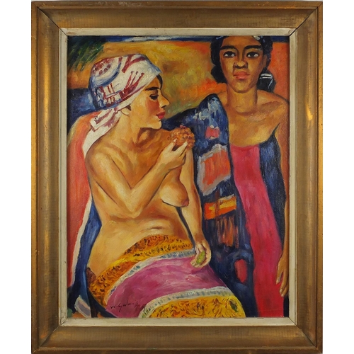 240 - Two African females, oil onto board, bearing a signature W Galaius ? inscription verso, mounted and ... 