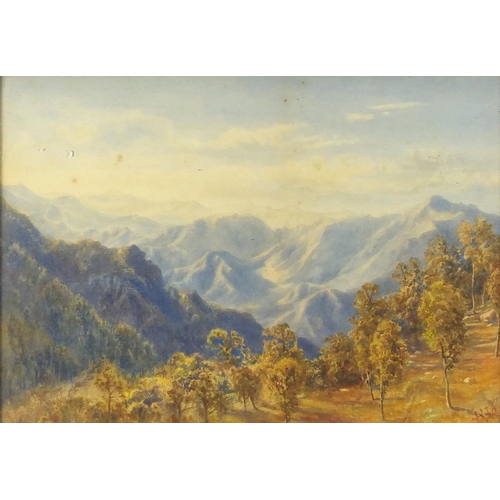 269 - Extensive mountain landscapes with trees, pair of early 20th century watercolours, both bearing a mo... 