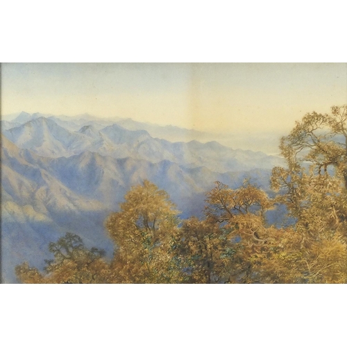 269 - Extensive mountain landscapes with trees, pair of early 20th century watercolours, both bearing a mo... 