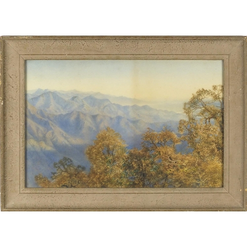 269 - Extensive mountain landscapes with trees, pair of early 20th century watercolours, both bearing a mo... 