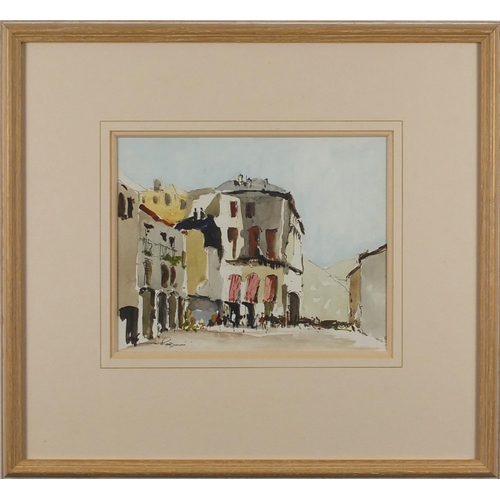 270 - Leslie A Goodwin - Pyrenees street scene, ink and watercolour, labels verso, mounted and framed, 24.... 