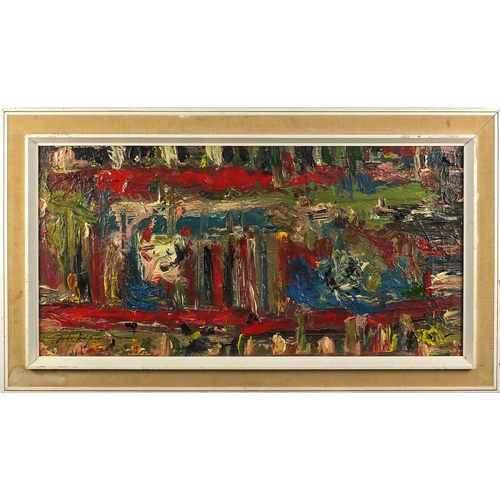 272 - Abstract composition, oil on canvas, bearing an indistinct signature and inscription verso, mounted ... 