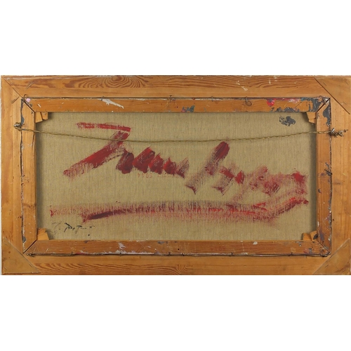 272 - Abstract composition, oil on canvas, bearing an indistinct signature and inscription verso, mounted ... 