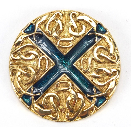 284 - Scottish gilt metal and enamel Celtic brooch, 6cm in diameter