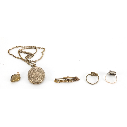 273 - Jewellery including a 9ct gold brooch, gold plated locket on chain and rings